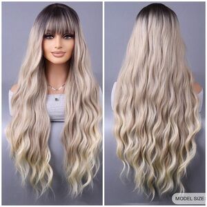 28” Long Blonde Ombre Brown Roots Wavy Wig With Bangs Synthetic Fibres 28 inch